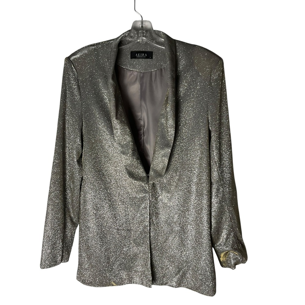 Akira Womens Glitter Blazer Shawl Lapel Evening Jacket Silver Size Medium *READ*